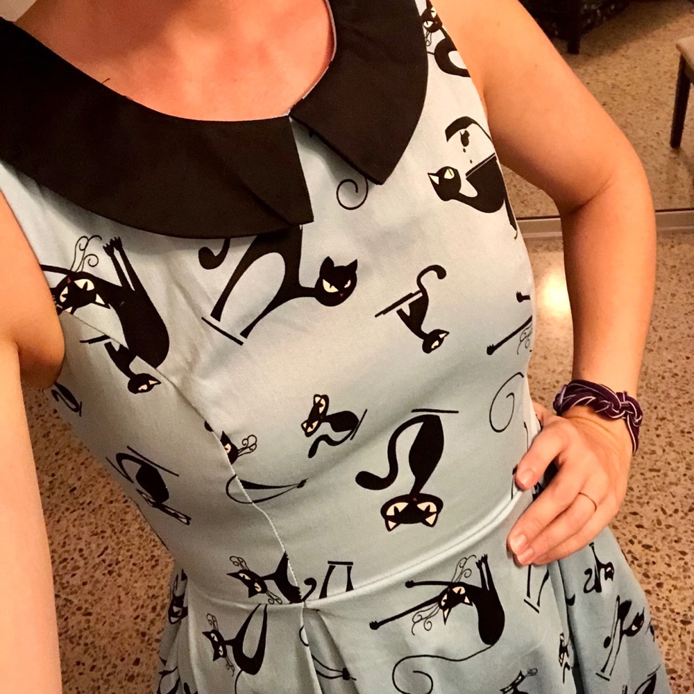 Modcloth Ixia Blue Quirk-Life Balance Cat Dress with Peter Pan Collar